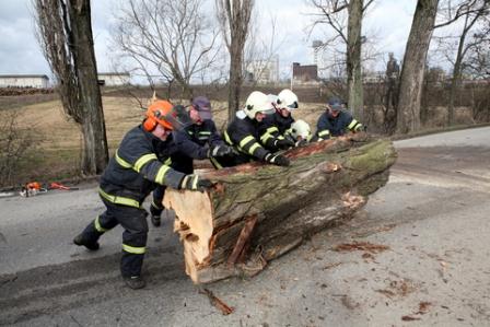 A fire crew clear a major road following a storm